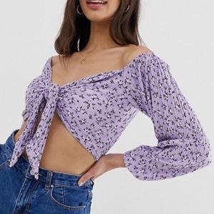 ASOS purple flower tie up long sleeve crop top